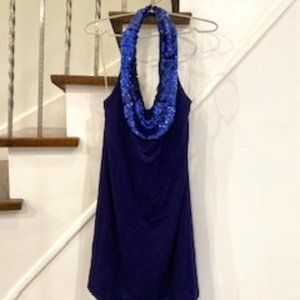 EUC Kopa beaded open back mini dress in indigo blue (size S)